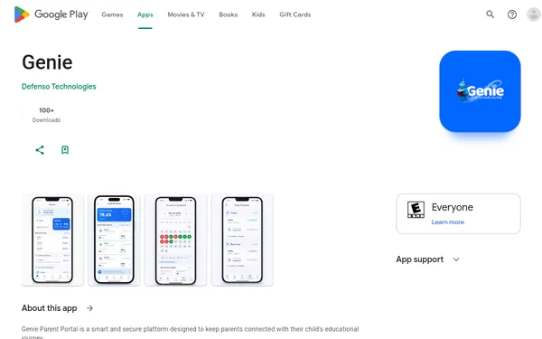 Genie Parent App listing on the Google Play Store with app icon and screenshots